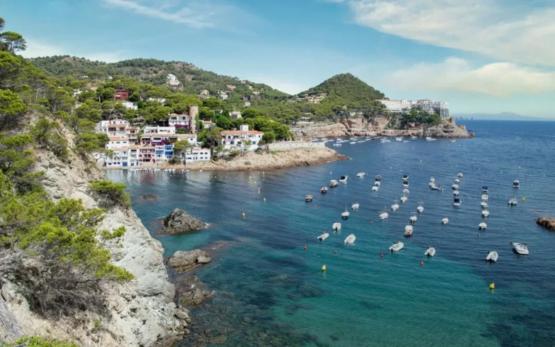 Baai aan de Costa Brava met bootjes en beboste kliffen