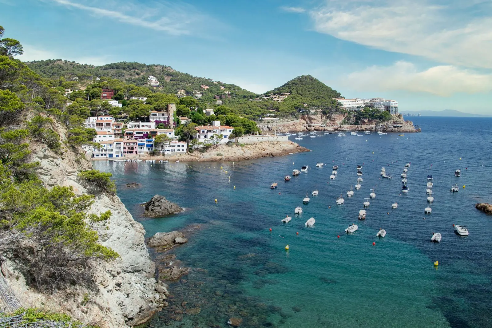 Baai aan de Costa Brava met bootjes en beboste kliffen