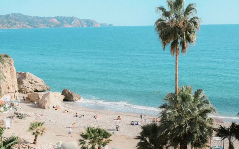 Strand van Nerja met palmbomen en blauwe zee