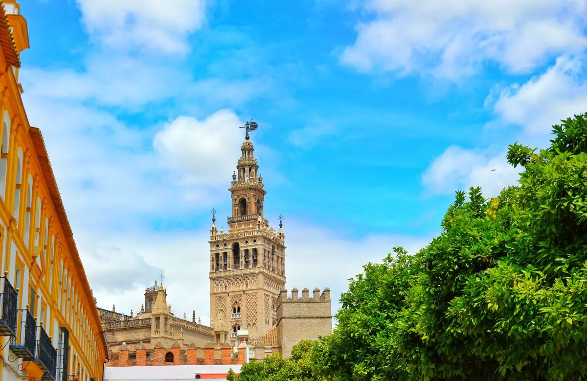 De Giralda in Sevilla achter groene bomen tegen een blauwe lucht