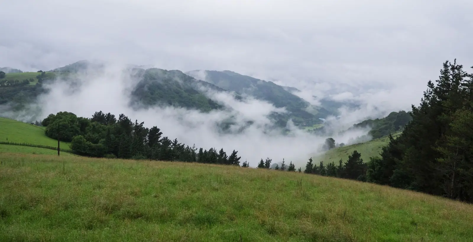 Groene heuvels met laaghangende mist bij Zarautz in Baskenland
